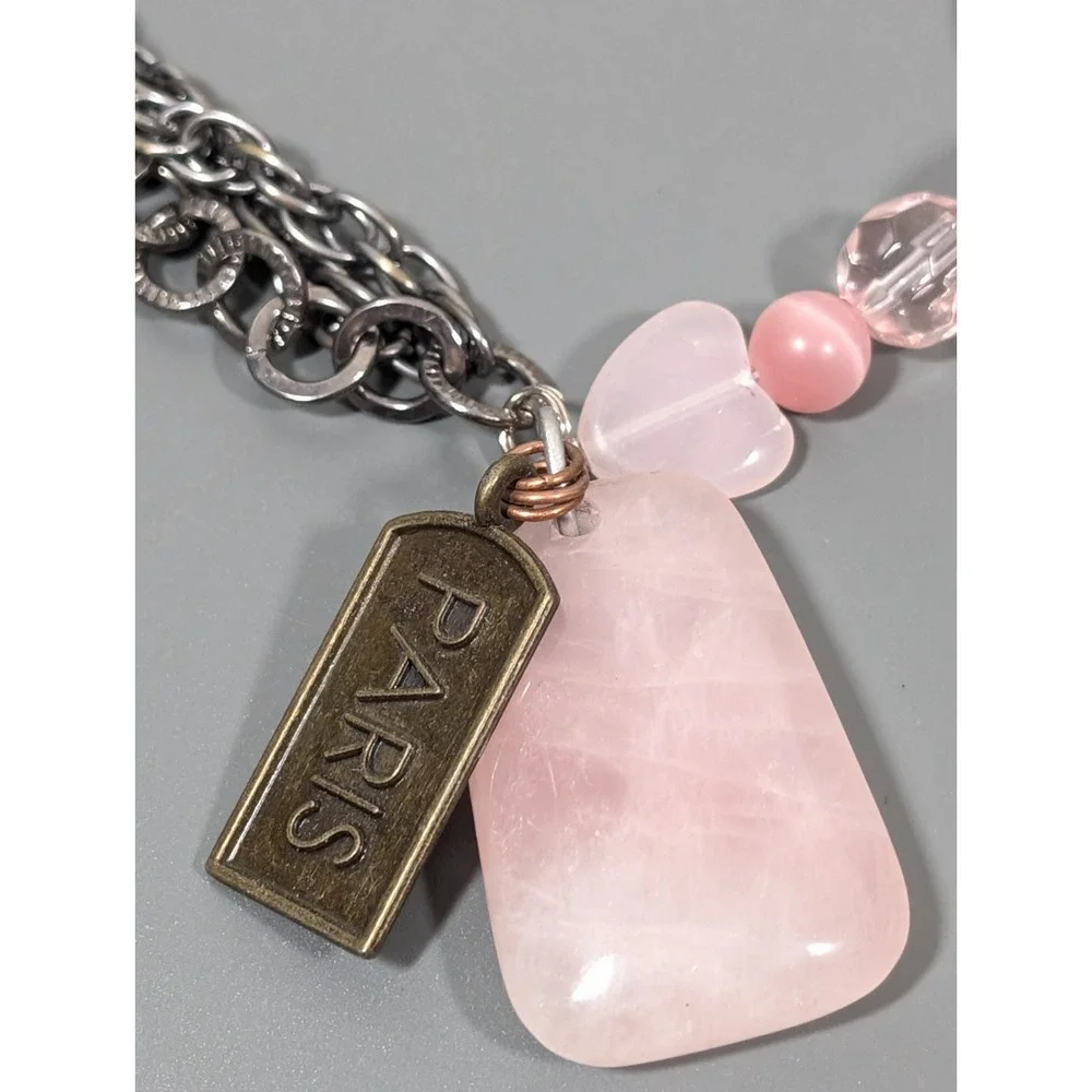 Pink Frosted Glass Heart Multi‎ Chain Paris Charm Necklace 20